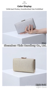 Macro view of rectangular glitter evening clutch bag showing silver and gold metallic finish