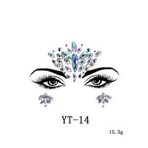 Detail view of YT-14 face jewels featuring iridescent AB rhinestones for masquerade parties
