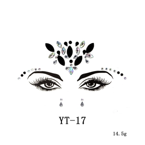 Detailed view of YT-17 face jewels with AB rhinestones and black gems for party makeup