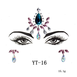 Detail view of purple iridescent teardrop face jewel stickers for party makeup decoration