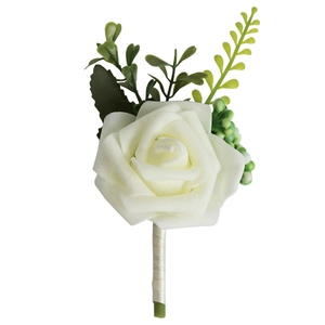 Boutonnière élégante en rose PE blanche avec feuilles vertes et ruban pour mariage
