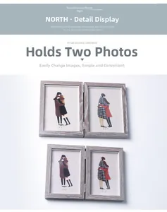 Detail of grey wood grain folding double frame for 4x6 or 5x7 inch photos