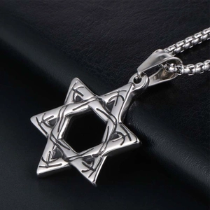 Vintage stainless steel hexagram pendant necklace with engraved runes on box chain