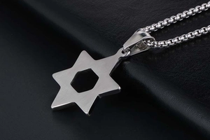 Close-up of vintage hollow hexagram star pendant in silver finish on black leather