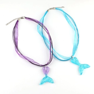 Fairy gradient mermaid tail pendant necklaces with sheer ribbon and multiple wax cords