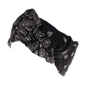 Close-up of black paisley print headband with a stylish twisted knot design for women