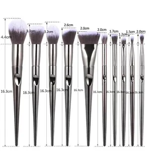 Size chart for 10pcs makeup brush set featuring detailed length measurements in cm