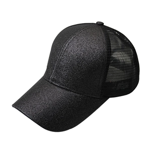 Glittery black ponytail baseball cap with breathable mesh back and adjustable opening