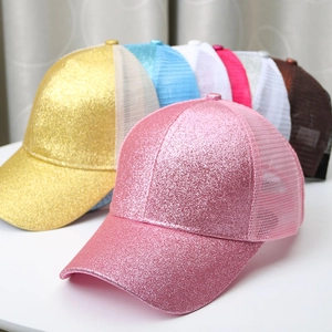 Neon glitter ponytail baseball caps with breathable mesh in multiple vibrant colors