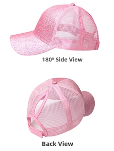Detail view of pink sequin ponytail baseball cap with breathable mesh and Velcro strap