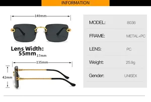 Detailed size chart for rimless square sunglasses showing frame dimensions and materials
