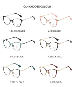 Detailed matrix view showing six diverse color combinations of metal cat-eye eyeglass frames