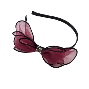 Elegant wine red mesh bow headband with silver rhinestones and black trim for women