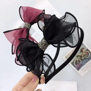 Lace gauze headband with rhinestone bowknot in black and burgundy wine red