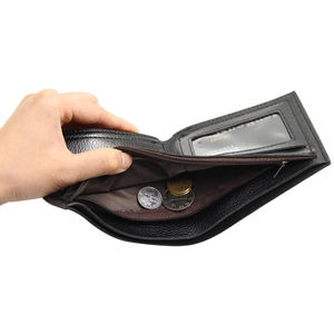 Men's bifold PU leather wallet with litchi texture featuring a zipper coin pocket