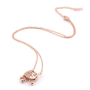 Rose gold stainless steel lock necklace with Fu character and small bell charms