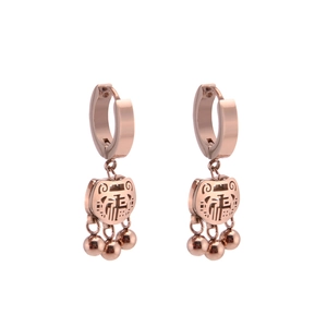 Minimalist rose gold titanium steel longevity lock earrings with Fu character pendant