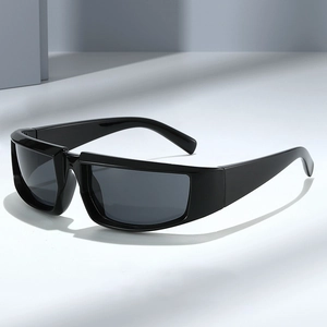 Silver Y2K outdoor sports sunglasses with black rectangle frames and dark grey lenses