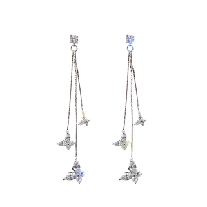 Elegant S925 silver butterfly tassel earrings with sparkling zircon drop pendants