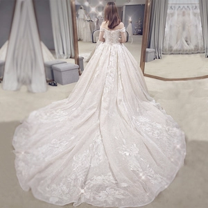 Luxurious Off Shoulder Wedding Dress Lace Embroidery Sequin Ball Gown Trailing Style Bridal Gown Long Sleeves