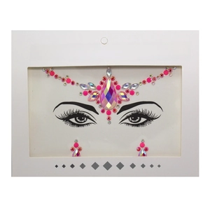 Detailed view of pink and iridescent face crystal stickers in white window box packaging