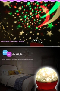 Dual-use starry sky projector lamp showing warm bedroom night light and projection