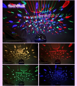 Detail showing various color light modes of the rotating star projector with Happy Birthday motifs