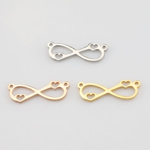 Polished stainless steel infinity heart connectors in silver, gold, and rose gold for DIY