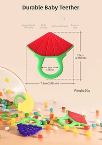 Detailed view of BPA-free silicone baby teether with fruit shapes and size measurements