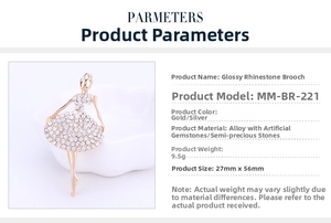 Detailed specs of ballet dancer brooch with rhinestones and size dimensions