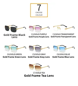 Detailed grid of rimless square sunglasses with twisted gold metal temples in seven colors