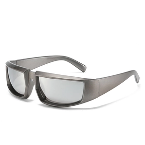 Futuristic silver wraparound cycling sunglasses with reflective mirror lenses for sports