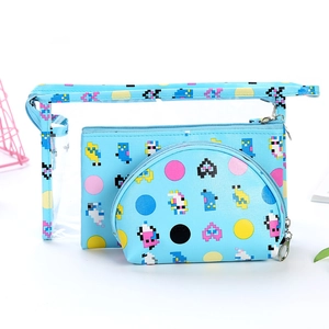 Three-piece set of transparent blue PVC toiletry bags with pixelated animal prints
