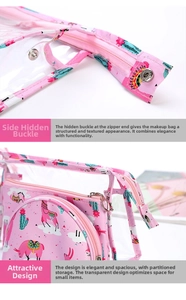 Detail of pink alpaca PVC toiletry bag showing side snap button and zip closure