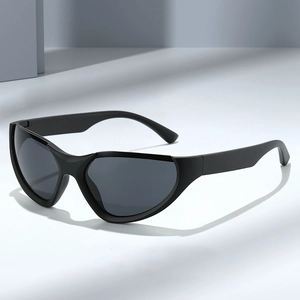 Matte black wraparound sports sunglasses with millennial cat-eye semi-rimless frames
