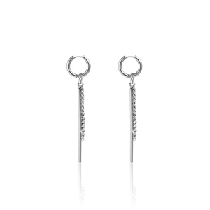 Minimalist silver stainless steel hoop earrings with long chain and bar pendant for unisex