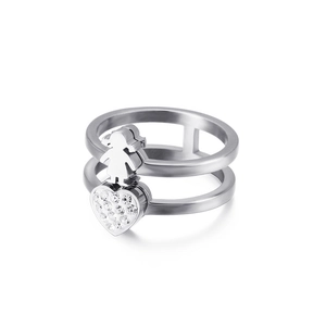 Minimalist double-layer silver ring with hollow girl silhouette and heart charm