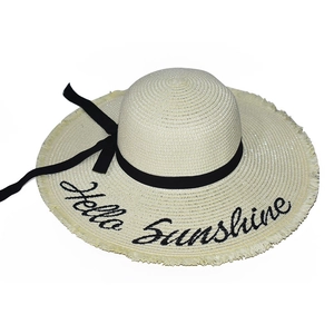 White straw sun hat with frayed edge black ribbon bow and Hello Sunshine embroidery