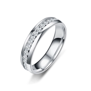 Detailed view of single row channel setting eternity ring in polished stainless steel