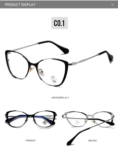 Detail view of cat-eye dual-tone glasses frame with UV400 anti-blue light lenses
