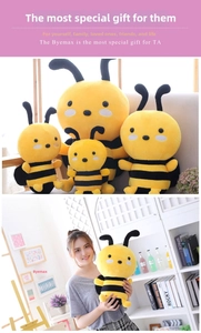 Adorable plush bee doll in various sizes shown with a model for scale comparison