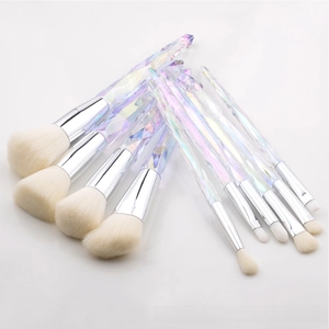 Detail of 10pcs crystal makeup brush set with iridescent diamond handles and white bristles