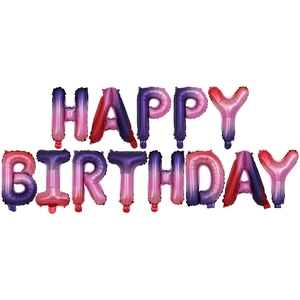 Macro detail of Happy Birthday gradient purple foil balloon set for party decoration