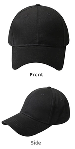 Front and side views of a black cotton twill ponytail baseball cap for women