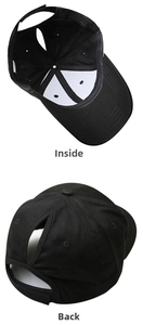 Detailed interior view and back view showing the ponytail opening of the black cotton cap