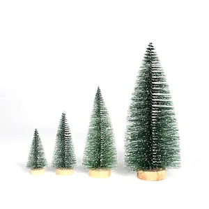 Mini Artificial Christmas Tree Frosted Snow Pine Needle Wood Base Tabletop Decoration Winter Holiday Ornament