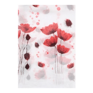 Floral print scarf with red poppy watercolor pattern and dark grey speckles on white fabric