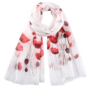 White lightweight floral scarf with red flower prints and fringe trim for women