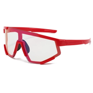 Red translucent cycling sunglasses with wraparound sports lens from a 45-degree angle