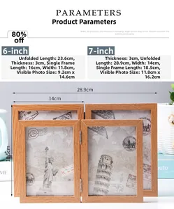Detailed size parameters for folding double wood grain photo frames in 6 and 7 inch sizes